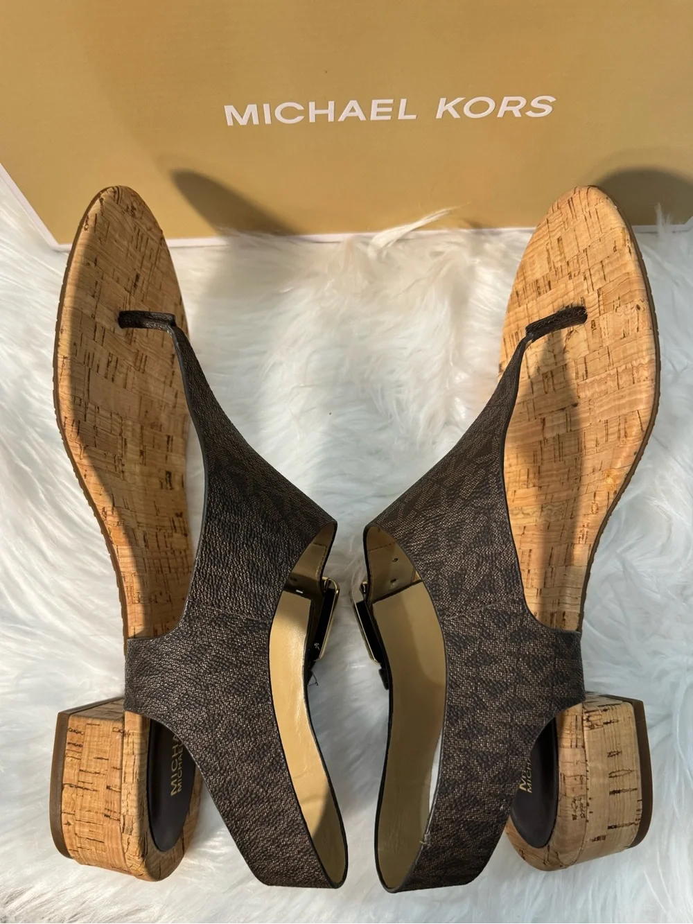 Michael Kors NEW Brown MK Logo Cork Thong Sandals with Gold Buckle